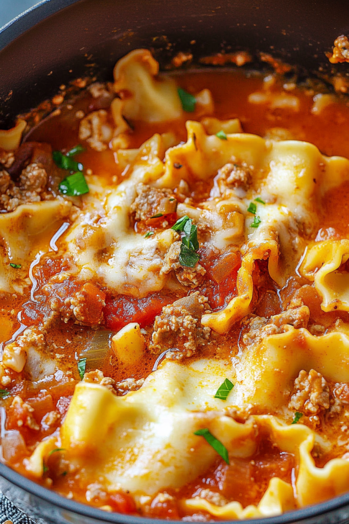 Cozy homemade soup with pasta ribbons, tomato broth, ground meat, and melted cheese garnish.
