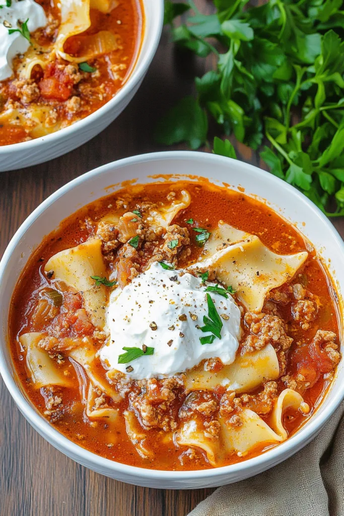Bowl of rich tomato-based soup with ground meat, lasagna noodles, melted cheese, and fresh herbs.