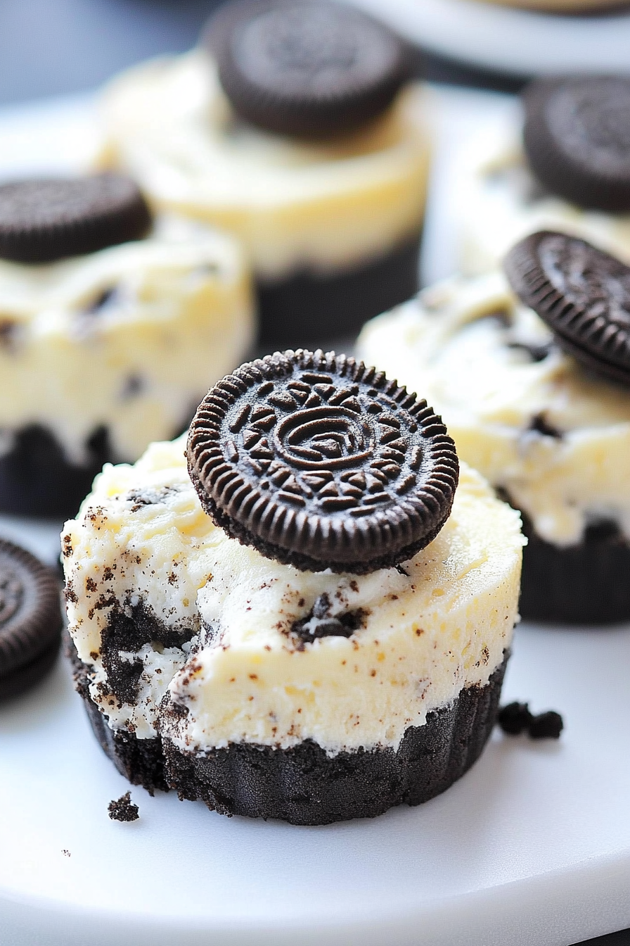 Smooth cheesecake centers layered over crumbly chocolate crusts.