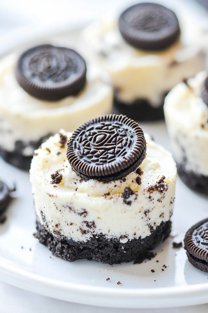 Close-up of bite-sized cheesecakes topped with whole Oreo cookies.