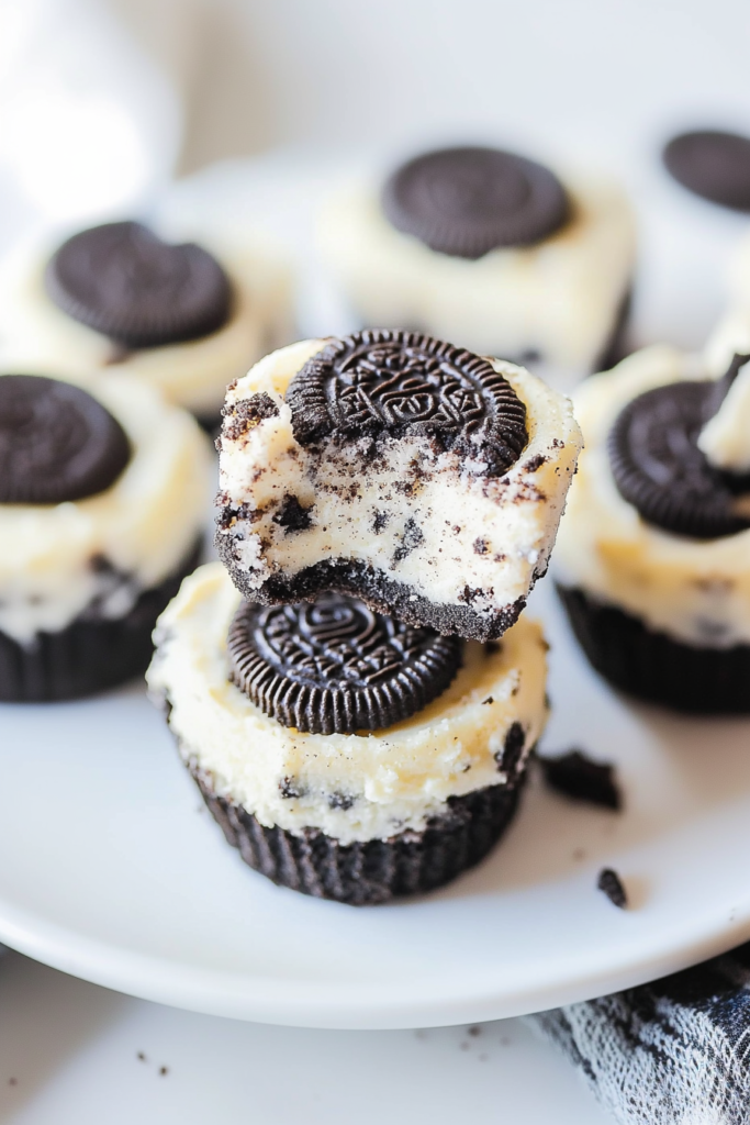 Mini cheesecakes with a dark cookie base and creamy filling.