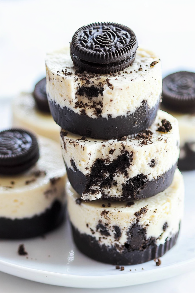 Rich mini cheesecakes finished with a crisp Oreo garnish.