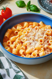 Hearty bowl of rustic pasta and chickpea stew finished with grated cheese.