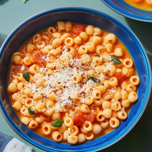 Comforting Italian chickpea pasta dish with short pasta and savory tomato sauce.