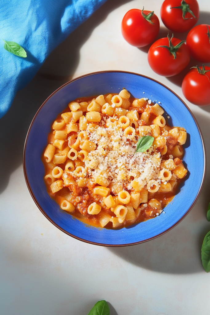 Homemade Pasta e Ceci served in a blue bowl with fresh basil and tomatoes on the side.