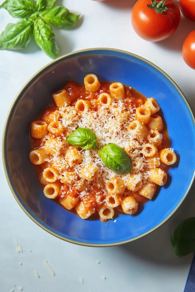Bowl of Pasta e Ceci topped with grated cheese and served in a rich tomato sauce.