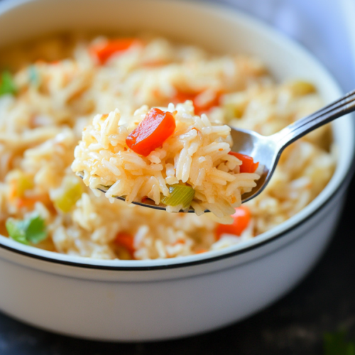 Spoonful of creamy rice with colorful peppers lifted from a red pot.