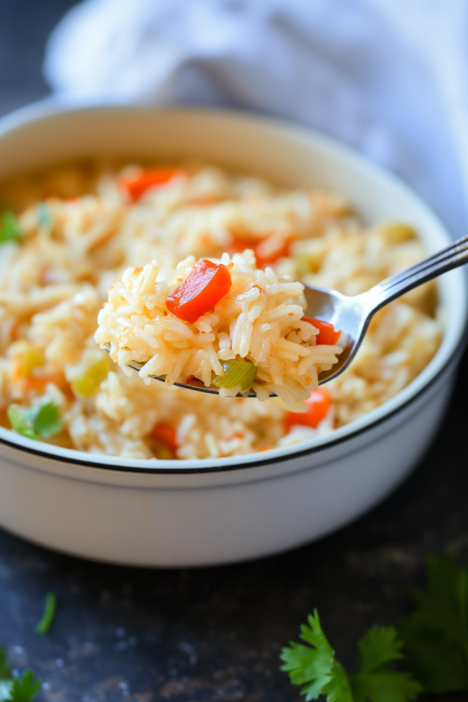 Spoonful of creamy rice with colorful peppers lifted from a red pot.