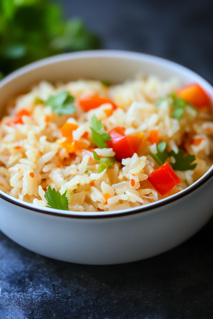 Warm rice and peppers mixed with melted cheese, captured mid-serve.