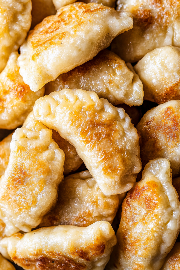 Close-up of tender dumplings with a golden seared surface ready to serve.