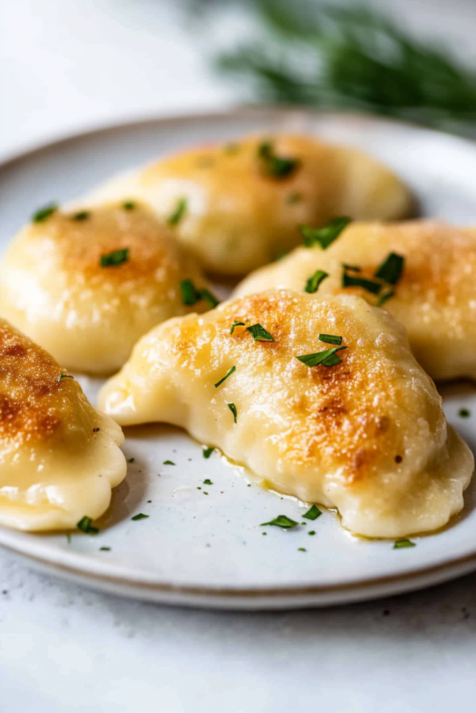 Plate of freshly cooked pierogi with crisp edges and soft dough.