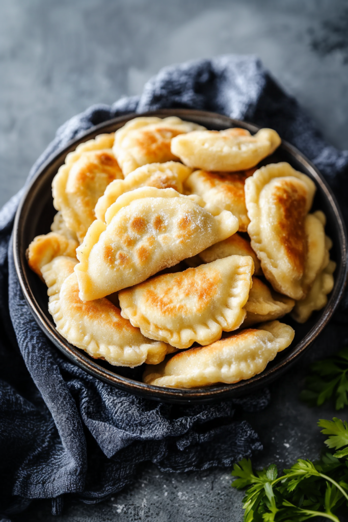 Golden pan-fried pierogi dumplings served in a bowl with a crispy buttery crust.