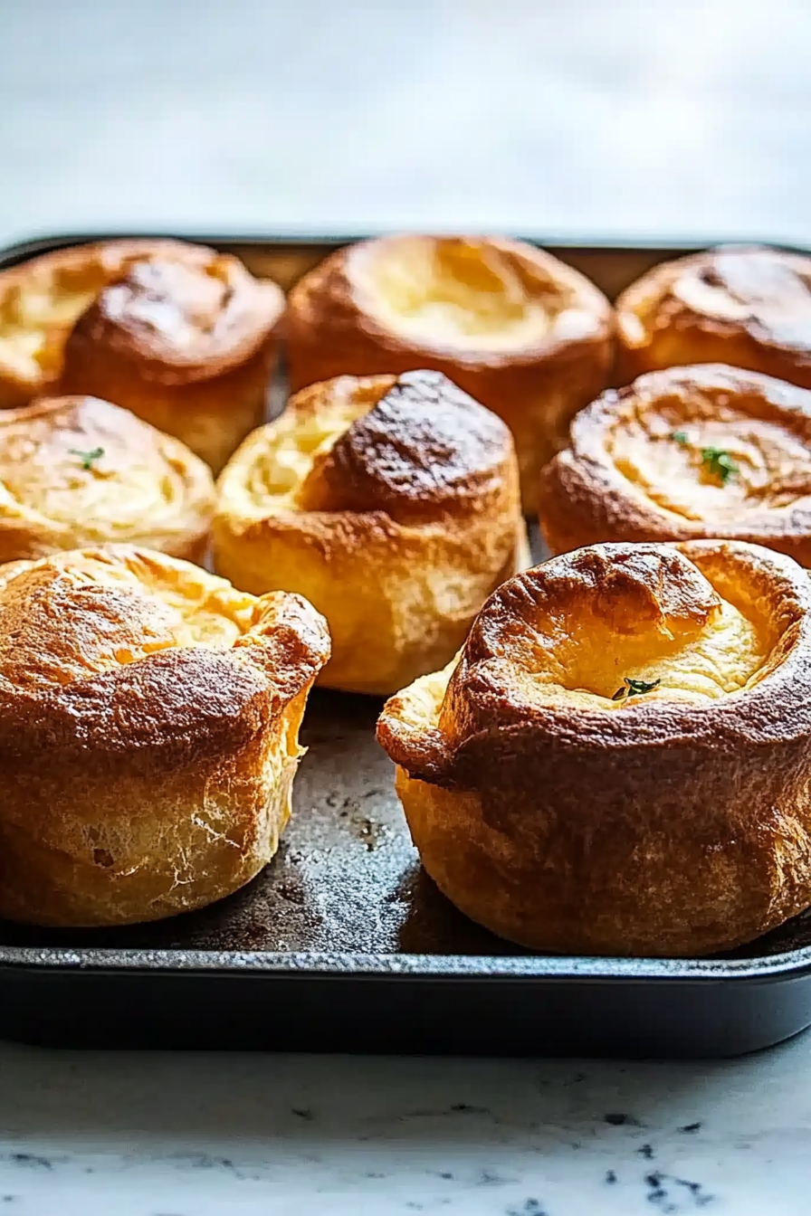 Close-up of airy, crisp popovers showing their tall rise and hollow centers.