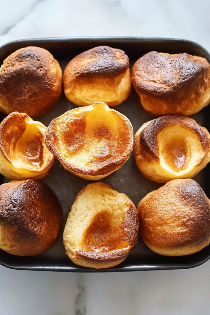 Tray of freshly baked popovers with golden-brown crusts and soft interiors.