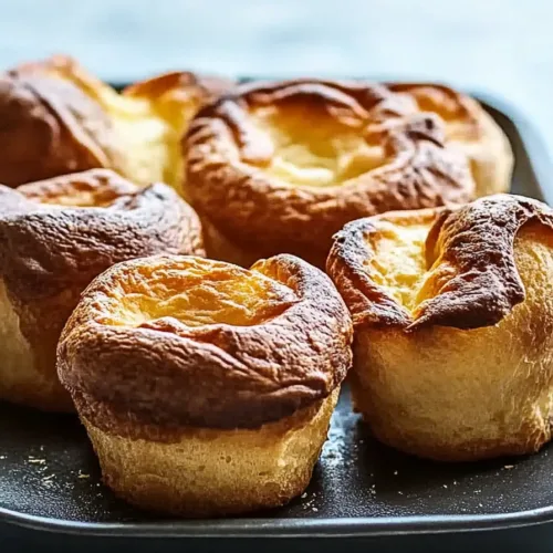 Golden, puffed popovers fresh from the oven on a dark baking tray.