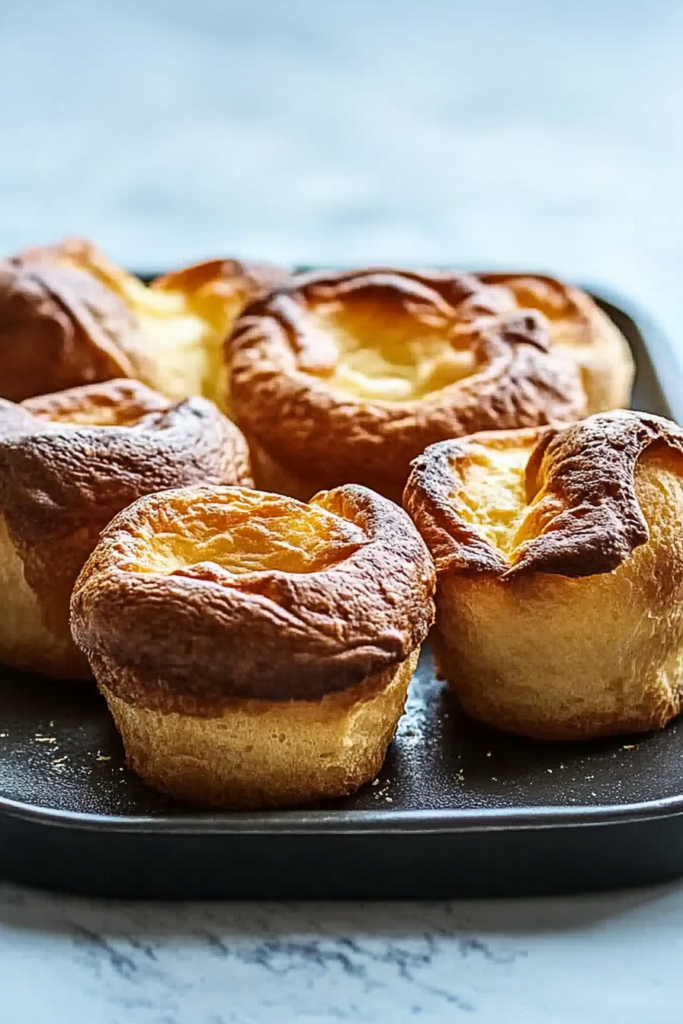 Golden, puffed popovers fresh from the oven on a dark baking tray.