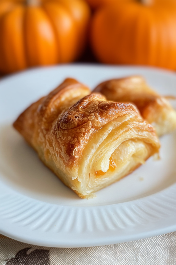 Final presentation of autumn-inspired dumplings, layered pastry paired with rich pumpkin cream.