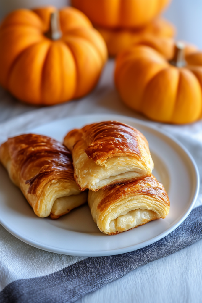 Golden dumplings on a white plate, their flaky pastry revealing a creamy pumpkin filling.