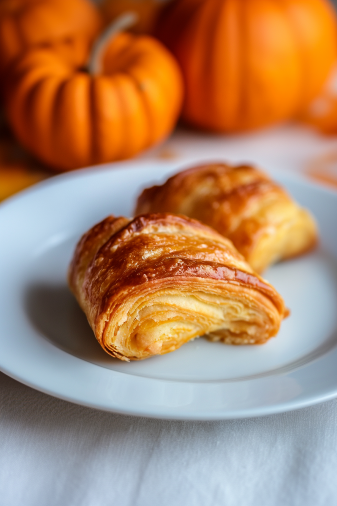 Warm baked dessert pastries with smooth cream cheese and pumpkin filling, plated with fall pumpkins in the background.