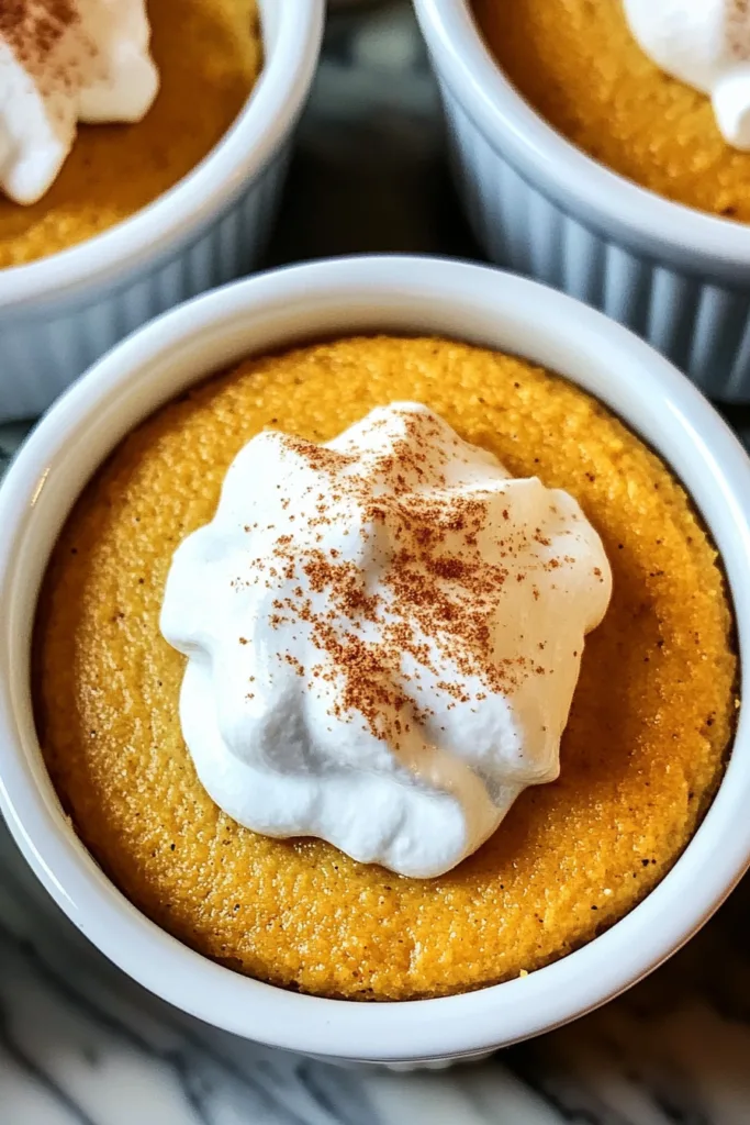 Close-up of a rich fall dessert served in ramekins with creamy topping.