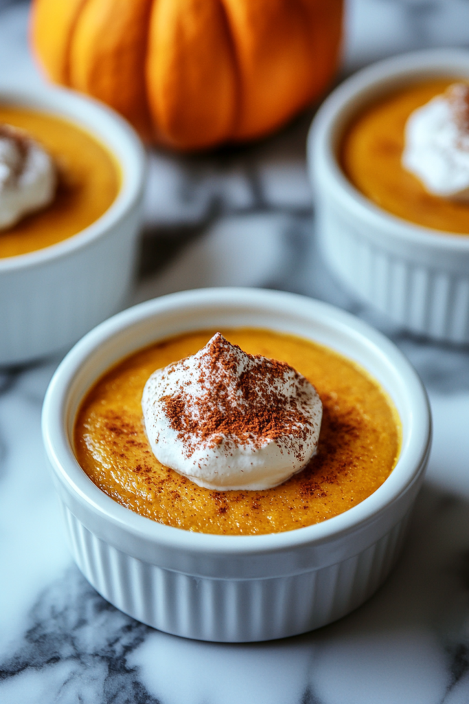 Creamy baked dessert with a smooth pumpkin base and fluffy whipped topping.