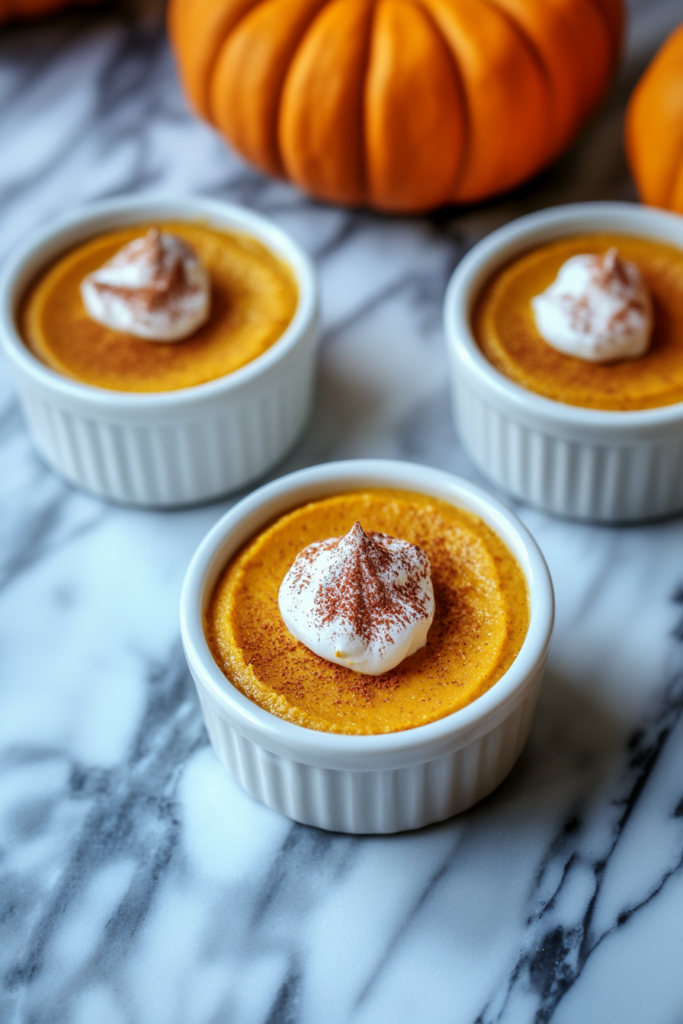 Baked pumpkin custard in a white ramekin topped with whipped cream and a sprinkle of cinnamon.