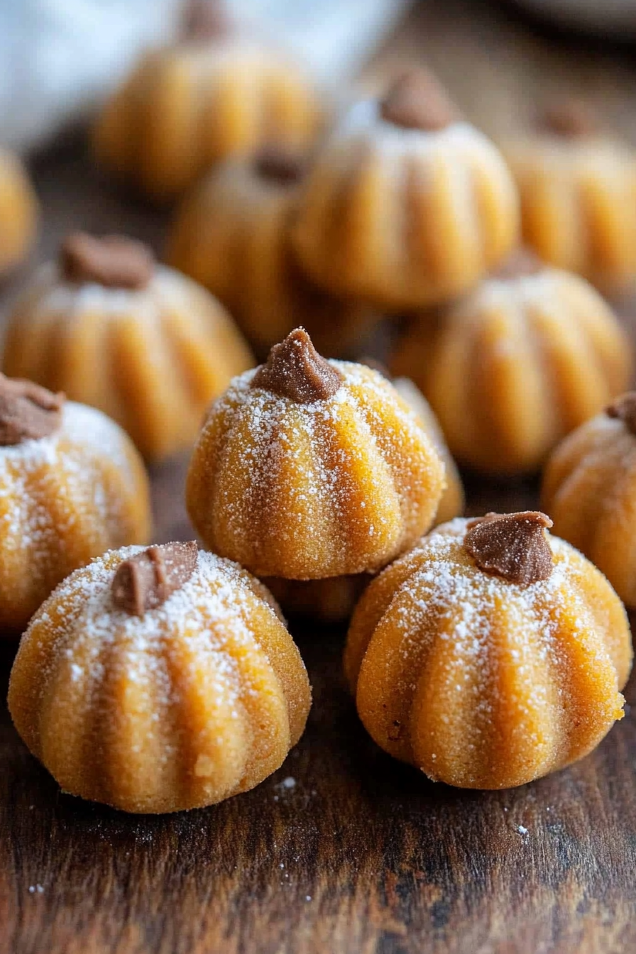Cute bite-sized pumpkin treats with a sweet coating and chocolate stem decoration.