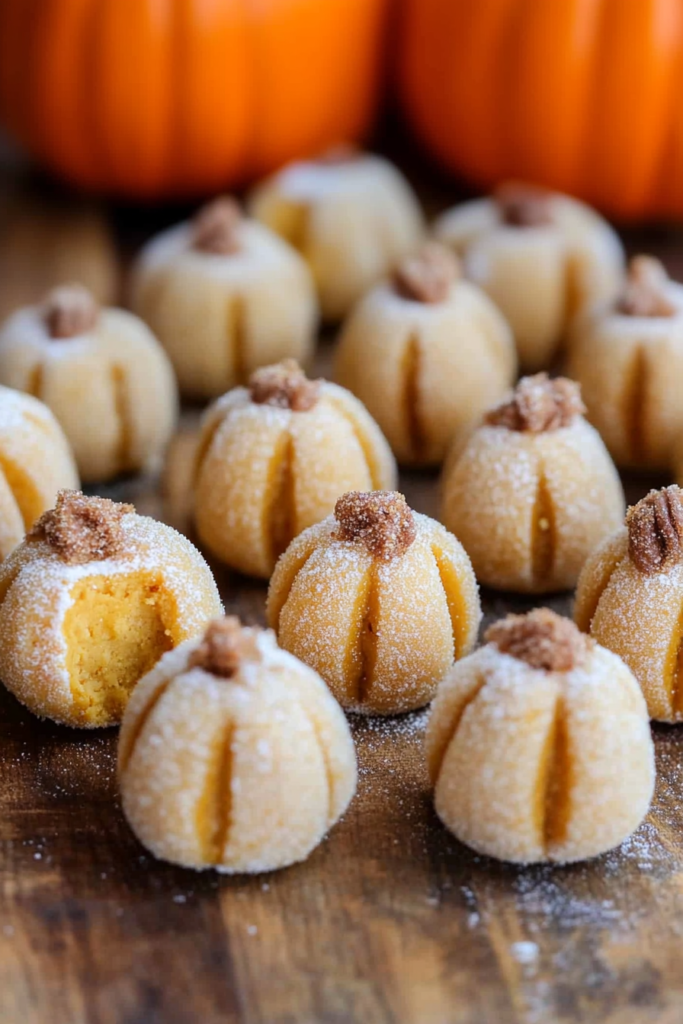 Pumpkin-shaped no-bake sweets arranged on a rustic table with whole pumpkins in the background.