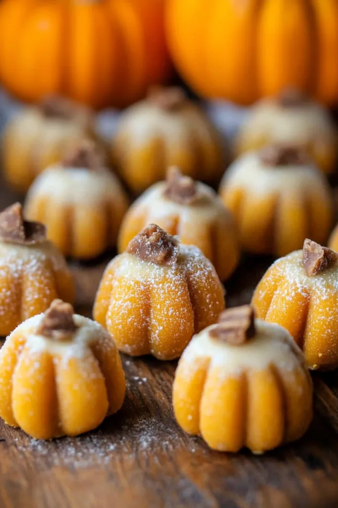 Mini pumpkin-shaped dessert truffles dusted with powdered sugar on a wooden surface.
