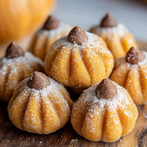Homemade pumpkin dessert balls shaped like tiny pumpkins and lightly dusted with sugar.