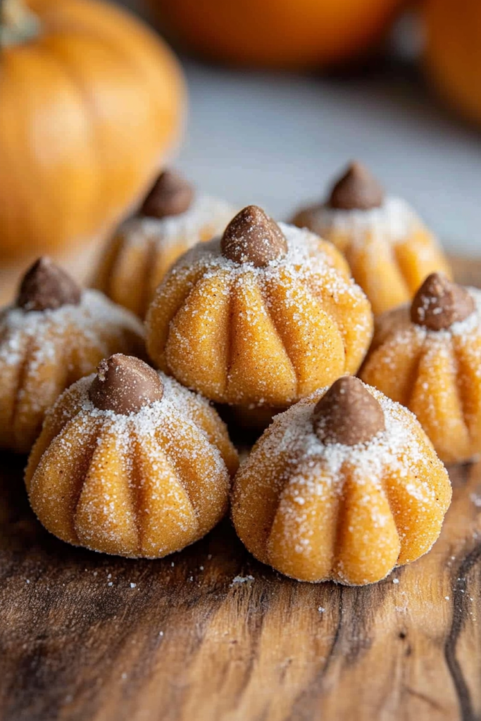 Homemade pumpkin dessert balls shaped like tiny pumpkins and lightly dusted with sugar.