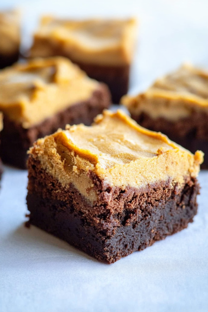Close-up of fudgy brownies topped with a creamy pumpkin spice layer cut into squares.