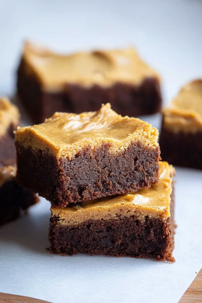 Stack of rich chocolate brownies with a smooth pumpkin-spiced topping on a light surface.