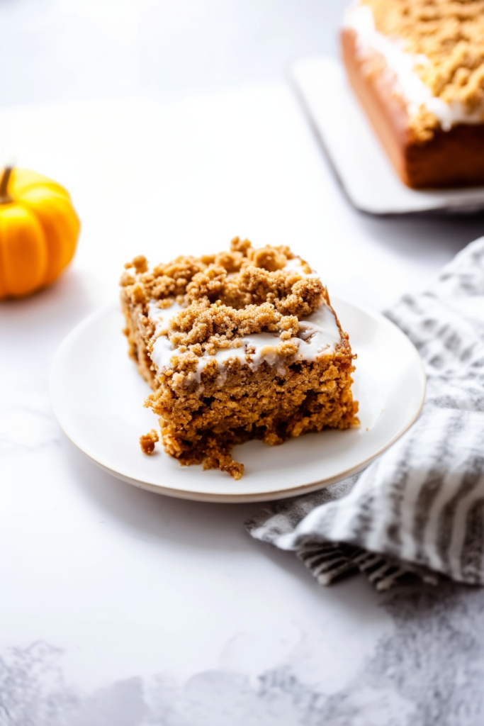 Moist slice of spiced cake topped with crumbly streusel and a drizzle of icing.