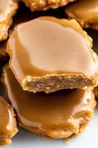 Homemade pralines with pecans embedded, glossy caramel glaze catching the light.