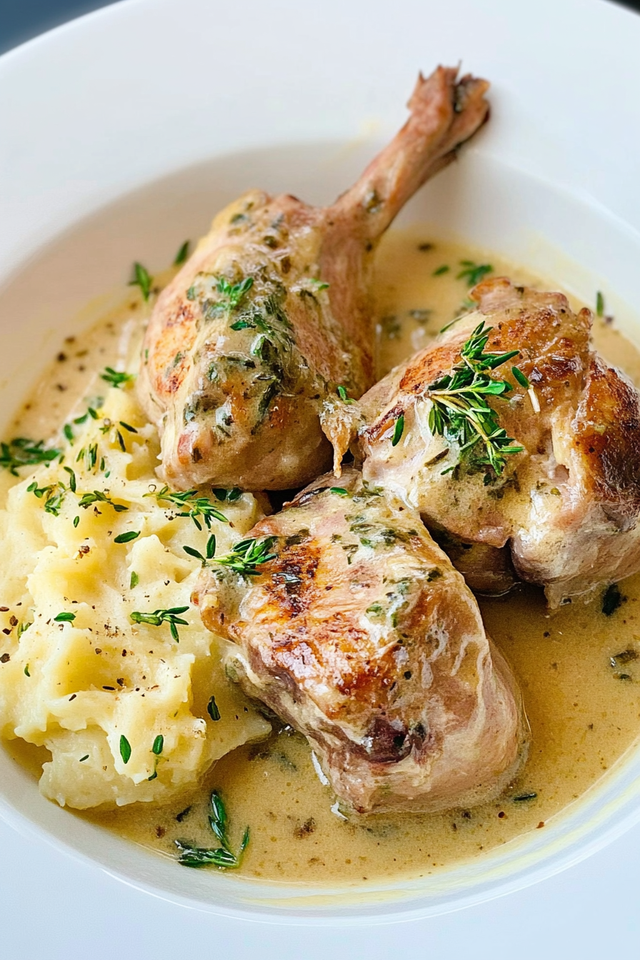 Tender rabbit in mustard sauce served over creamy mashed potatoes with fresh herbs.