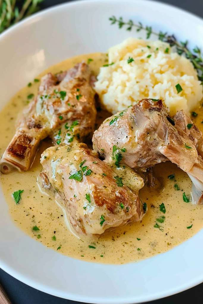 Golden-browned rabbit pieces coated in a rich, creamy mustard gravy.