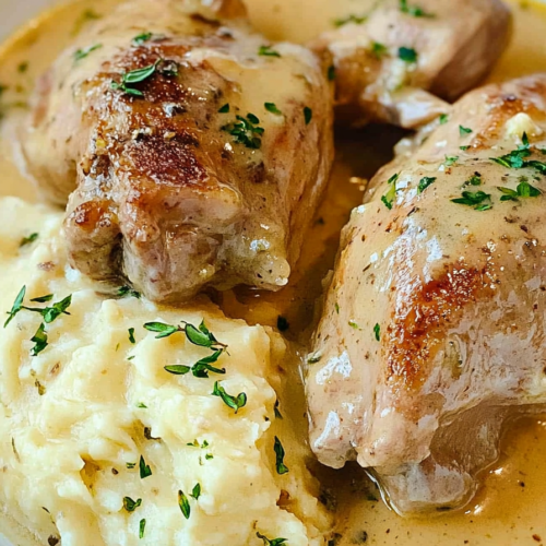 Hearty Rabbit in Mustard Sauce Recipe plated with buttery mashed potatoes and sprinkled thyme.