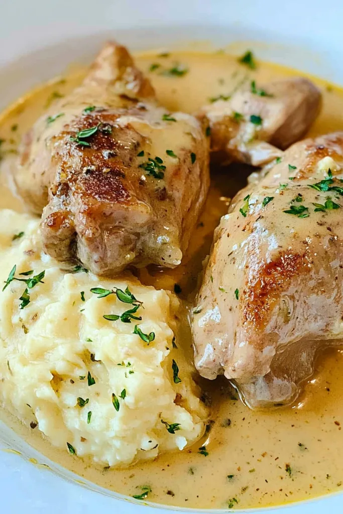 Hearty Rabbit in Mustard Sauce Recipe plated with buttery mashed potatoes and sprinkled thyme.