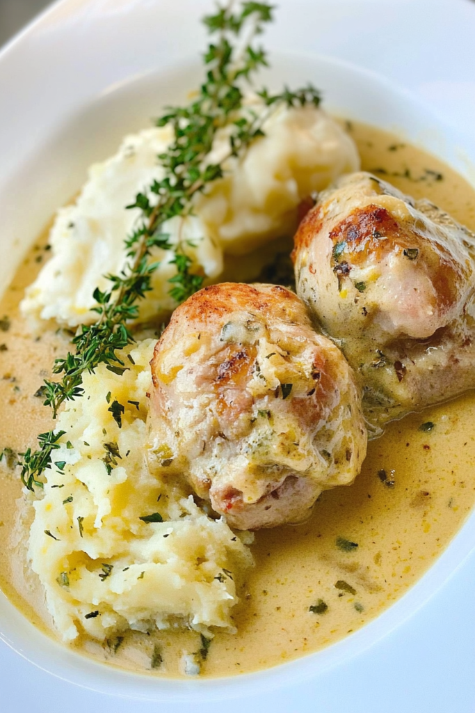 Rustic plate of braised rabbit with smooth mashed potatoes and herb garnish.