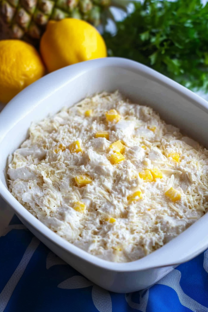 Bowl of rice blended with sweet fruit and creamy base, styled with whole fruit in background