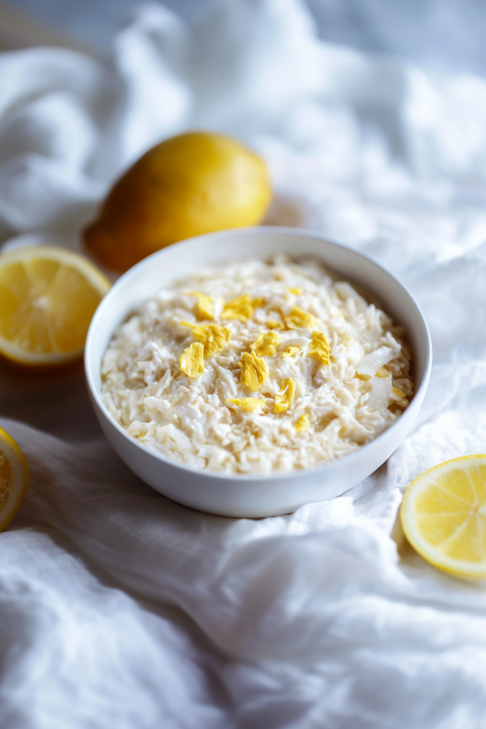 Final serving of rice dish showcasing contrast between creamy base and bright fruit garnish