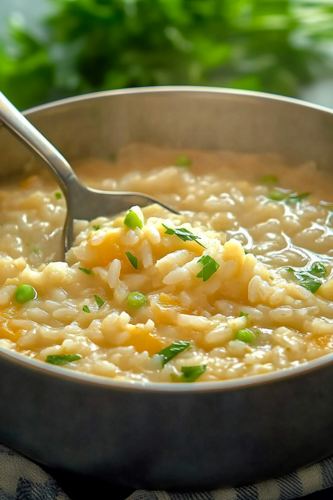 Close-up of thick, hearty rice soup served hot with a sprinkle of fresh scallions.