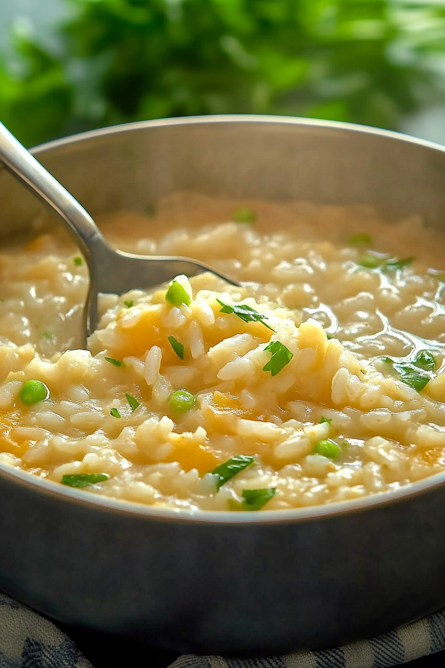 Close-up of thick, hearty rice soup served hot with a sprinkle of fresh scallions.