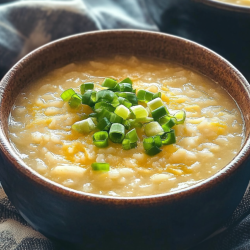 Creamy homemade rice soup topped with freshly chopped green onions in a rustic brown bowl.