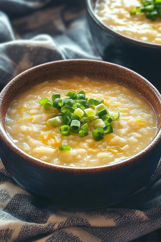 Creamy homemade rice soup topped with freshly chopped green onions in a rustic brown bowl.
