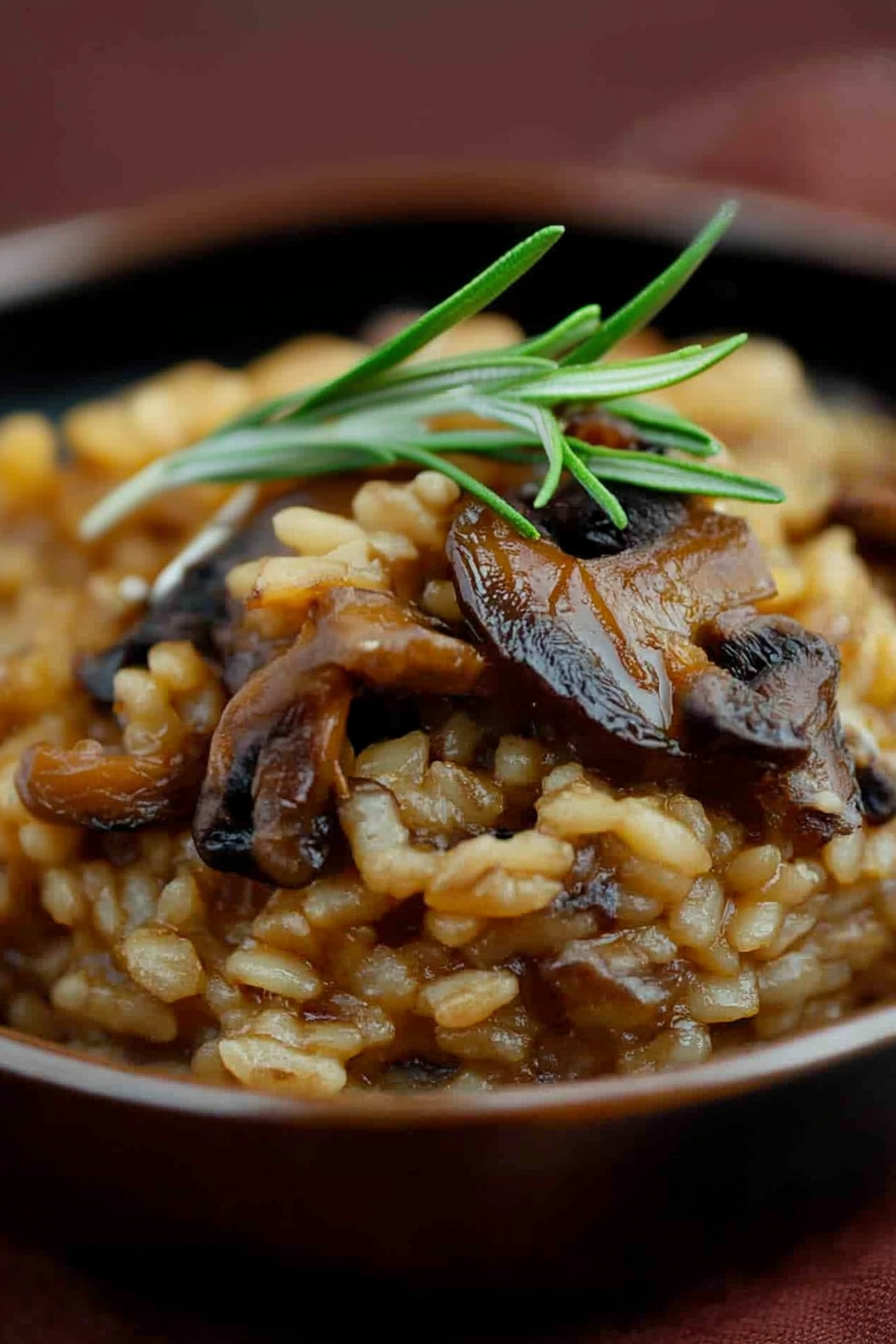 Warm risotto garnished with herbs, highlighting the creamy consistency and savory flavors.