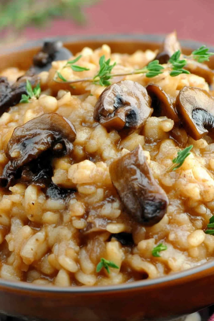 Close-up of glossy rice with sautรฉed mushrooms, showing a rich, velvety texture.