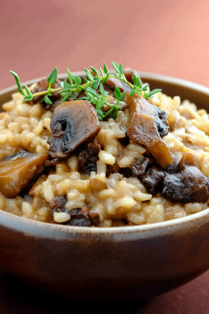 Risotto with porcini mushrooms and mascarpone, plated simply for an elegant presentation.