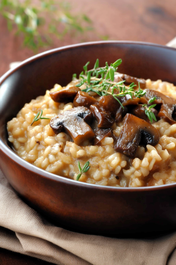 Creamy risotto served in a rustic bowl, topped with fresh thyme sprigs.